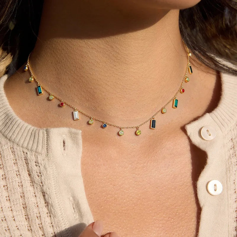 Colourful Zircon Charm Choker Necklace – 18K Gold Plated