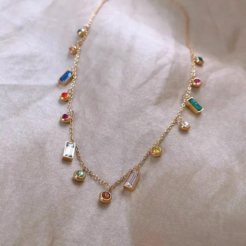 Colourful Zircon Charm Choker Necklace – 18K Gold Plated