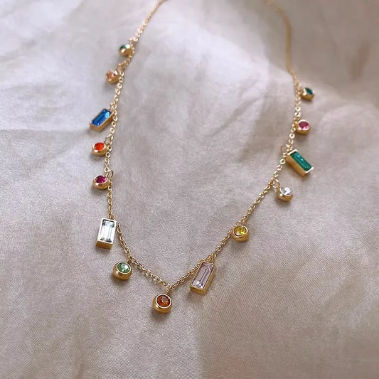 Colourful Zircon Charm Choker Necklace – 18K Gold Plated
