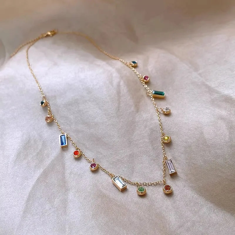Colourful Zircon Charm Choker Necklace – 18K Gold Plated