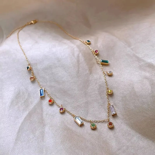 Colourful Zircon Charm Choker Necklace – 18K Gold Plated